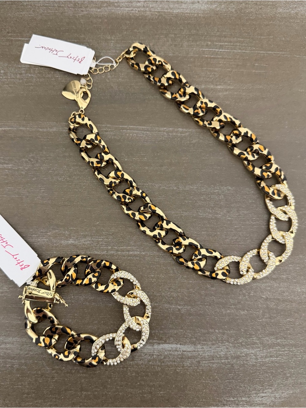 Betsey Johnson Leopard Print Chain Link Crystal Pavé Necklace & Bracelet Set NWT